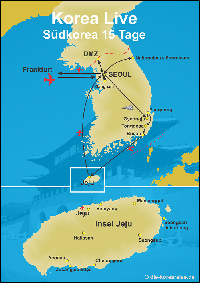 Karte der Reiseroute fuer den Urlaub in Korea