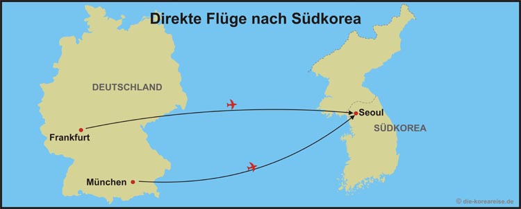 Karte des direkten Flug nach Korea von Deutschland